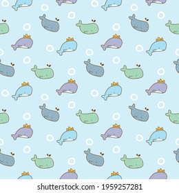 Seamless Pattern of Cartoon Whale Illustration Design on Light Blue Background