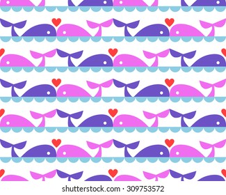 Seamless pattern with cartoon whale in love