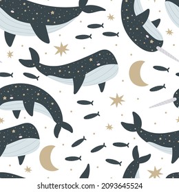 Seamless pattern with cartoon whale, narwhal, stars, décor elements. Colorful vector flat style. hand drawing. design for print, wrapper, fabric.