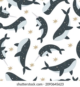 Seamless pattern with cartoon whale, narwhal, stars, décor elements. Colorful vector flat style. hand drawing. design for print, wrapper, fabric.