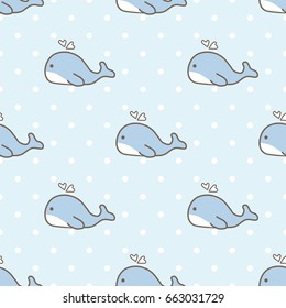 Seamless Pattern of Cartoon Whale on Blue Background with Dots
