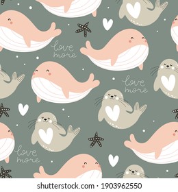 Seamless pattern with cartoon whale, seal. Colorful vector flat style. hand drawing. valentines day. Romantic design for print, wrapper, fabric.
