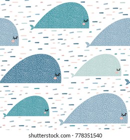 Patrón sin focos con ballenas caricaturizadas. Tejidos, tejidos, prendas de vestir. Fondo del vector