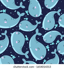 
Seamless pattern with cartoon whales, decor elements on a neutral background. Colorful vector for kids, flat style. Hand drawing, animals. Baby design for fabric, textile, print, wrapper
