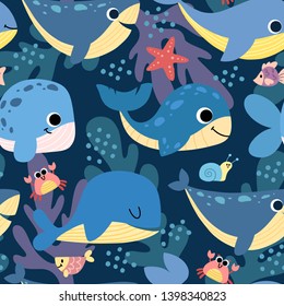 Seamless pattern with cartoon whales, dolphins, beluga on blue background. Hand drawn flat vector for background, wallpaper, textile, fabric.