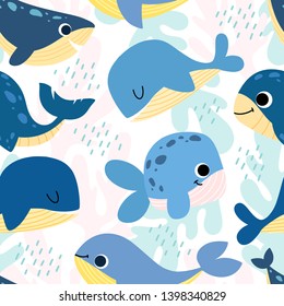 Seamless pattern with cartoon whales, dolphins, beluga on white background. Hand drawn flat vector for background, wallpaper, textile, fabric.