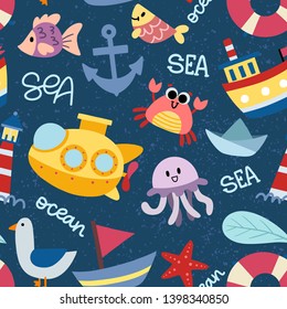 Seamless pattern with cartoon whales, dolphins, beluga on the background. Hand drawn flat vector for background, wallpaper, textile, fabric.