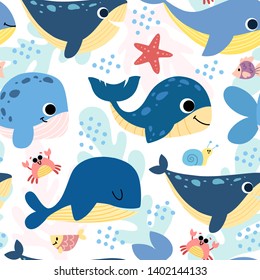 Seamless pattern with cartoon whales, dolphins, beluga on white background. Hand drawn flat vector for background, wallpaper, textile, fabric.