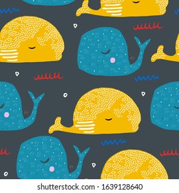 Seamless pattern with cartoon whales. Ocean fish. Kid drawing for baby textile, poster or wallpaper design. Vector illustration in scandinavian style.