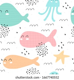 seamless pattern with cartoon whales, octopus, starfish, decor elements. colorful vector for kids, flat style. sea life. Baby design for fabric, textile, print, wrapper.