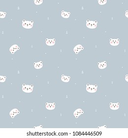 Seamless Pattern with Cartoon White Bear Face Design on Grey Background