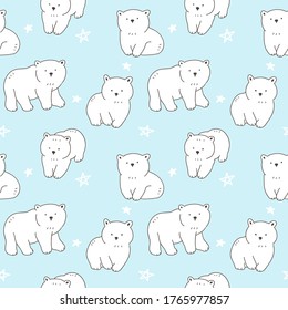 Patrón sin fisuras con diseño de oso blanco con fondo azul claro con estrellas