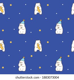 Seamless Pattern with Cartoon White Bear and Star Design on Deep Blue Background