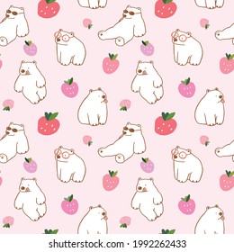 Seamless Pattern of Cartoon White Bear and Strawberry Illustration Design on Light Pink Background