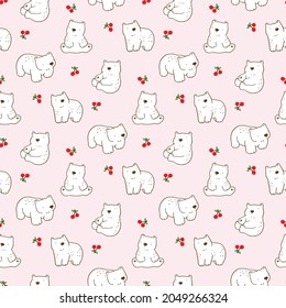 Seamless Pattern with Cartoon White Bear and Cherry Design on Light Pink Background