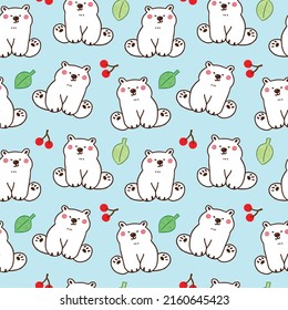 Seamless Pattern with Cartoon White Bear, Cherry and Leaf Design on Light Blue Background