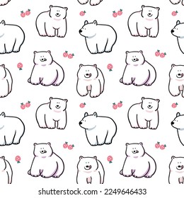 Seamless Pattern with Cartoon White Bear and Strawberry Design on White Background