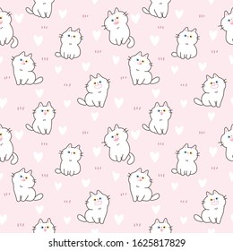 Seamless Pattern of Cartoon White Cat Design on Light Pink Background with Hearts