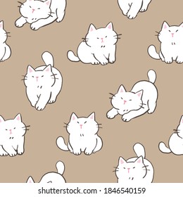 Seamless Pattern with Cartoon White Cat Design on Brown Background