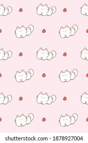 Nahtloses Muster mit Cartoon White Cat und Strawberry Illustration auf rosafarbenem Hintergrund