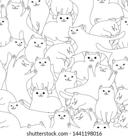Seamless pattern with cartoon white cats. Cute pets stylized background.