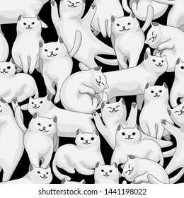 Seamless pattern with cartoon white cats. Cute pets stylized background.