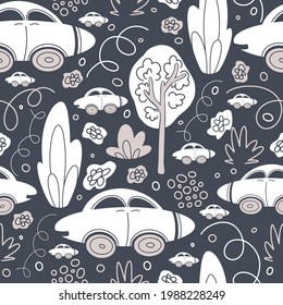 Patrón sin brillo con el lindo vector de coche de dibujos animados sobre fondo azul. Patrón para textil, impresión, fondo, resaltado, vivero. Ilustración del vector