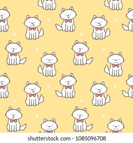 Seamless Pattern with Cartoon White Dog Design on Yellow Background