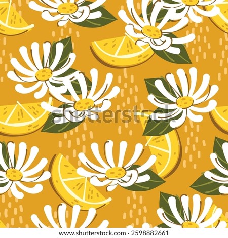 Seamless pattern cartoon of white flower and lemon slice with yellow background. Pattern design for wrapping paper, wallpaper and fashion prints.