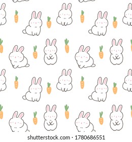Seamless Pattern with Cartoon White Rabbit and Carrot Design on White Background