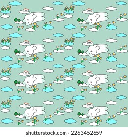 Seamless Pattern of Cartoon White Rabbit and sky flower home vector Design