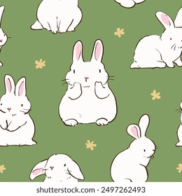 Seamless Pattern of Cartoon White Rabbit and Flower Design on Green Background