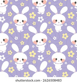 Nahtlose Muster Cartoon von weißem Kaninchen, einfache Blumen-Formen und einem hellen violetten Hintergrund. Es ist ein Kawaii-Zeichentrickfilm. Musterdesign zum Verpacken von Papier, Tapeten und Modedrucken.