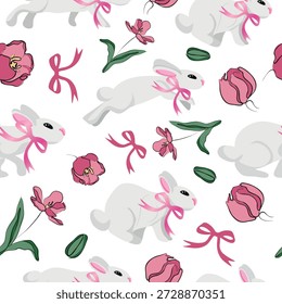 Patrón sin fisuras con conejos blancos de dibujos animados en diferentes poses y tulipanes rosados con lazos rosados, para tarjetas de Pascua, carteles u otros diseños de vacaciones