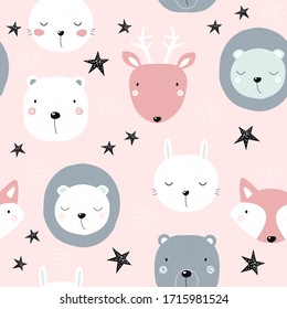 Seamless pattern with cartoon wild animals. Cute childish print. Vector hand drawn illustration.