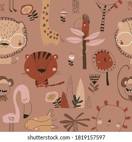 Seamless pattern with cartoon wild animals on brown background