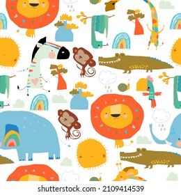 Seamless Pattern with Cartoon Wild Animals on White Background