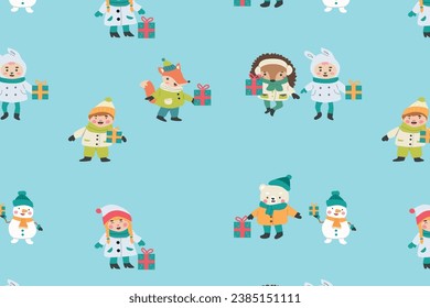 seamless pattern with cartoon winter characters