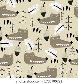Seamless pattern with cartoon wolves, trees, decor elements on a neutral background. Forest, vector flat Scandinavian style. animal and nature theme. hand drawing. design for fabric, textile, wrapper,