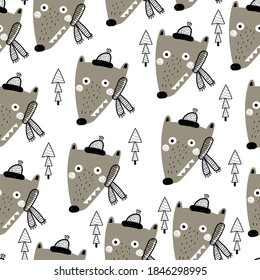 Seamless pattern with cartoon wolves, trees. colorful vector for kids, flat style. hand drawing. animals. Baby design for fabric, textile, print, wrapper.