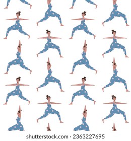 Seamless pattern with cartoon women doing yoga. Cute girls in floral overalls in a different asanas. Female training texture.