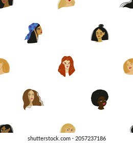 Seamless pattern with cartoon women portraits of different ethnicity. Surface design with colorful girl faces on a white background.
