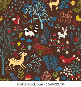 seamless pattern with cartoon woodland
