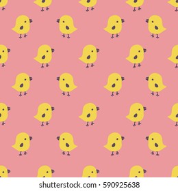 Seamless pattern with cartoon yellow chicks. Easter greeting cards, Hand drawn background