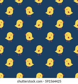 Seamless pattern with cartoon yellow chicks. Easter greeting cards, Hand drawn background