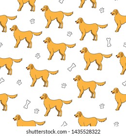 Seamless pattern with cartoon yellow dog. Golden retriever. Labrador. Bones and paws. Vector.