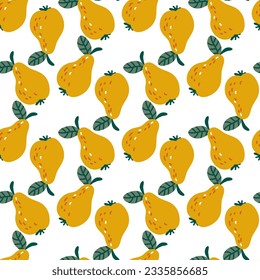 Patrón sin foco con peras amarillas de dibujos animados en estilo retro. Fondo de fruta. Impresión vectorial para tela y papel tapiz. Frutos dulces en un fondo blanco