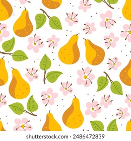 Seamless pattern with cartoon yellow pears, flowers and leaves on a white background. Perfect for wrapping paper, packaging, textile. Vector illustration.