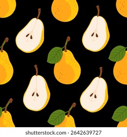 Seamless pattern with cartoon yellow pears in modern flat style. Fruit background. Vector printing for fabric and wallpaper. Cute fruits on a black background