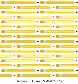 Patrón sin fisuras con lápiz amarillo de dibujos animados en estilo plano. Fondo de la escuela aislado en blanco.